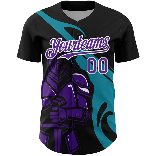 Custom Black Purple-Teal 3D Pattern Design Knight Hero Art Authentic Baseball Jersey