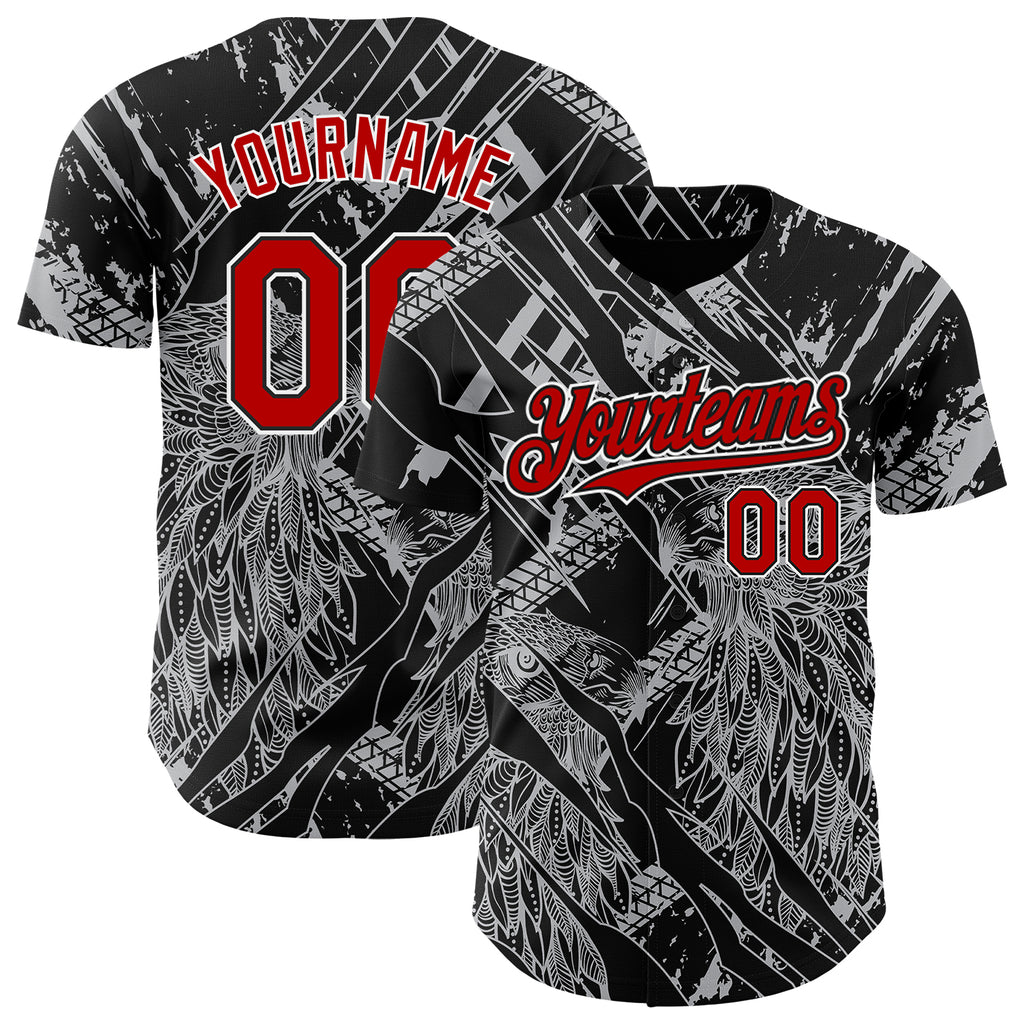 Custom Black Red-White 3D Pattern Design Animal Eagle Authentic Baseball Jersey