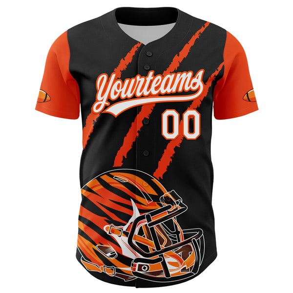 Custom Black White-Orange 3D Pattern Design Football Helmet And Animal Claw Authentic Baseball Jersey