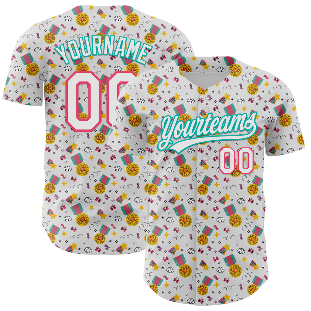 Custom White Neon Pink-Aqua 3D Pattern Design Champion Medal Authentic Baseball Jersey