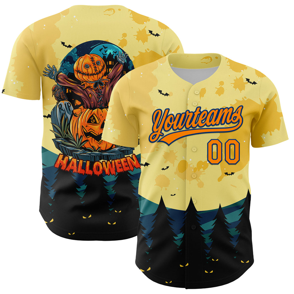 Custom Light Yellow Bay Orange-US Navy Blue 3D Pattern Halloween Authentic Baseball Jersey