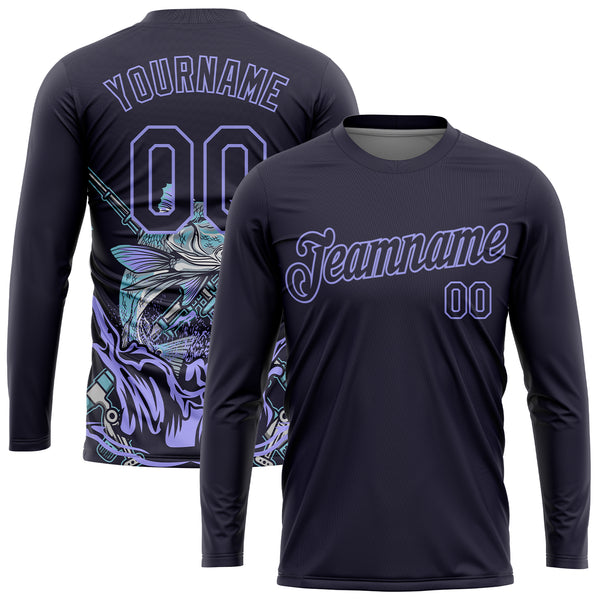 Custom Navy Light Purple 3D Pattern Design Fishing Performance T-Shirt