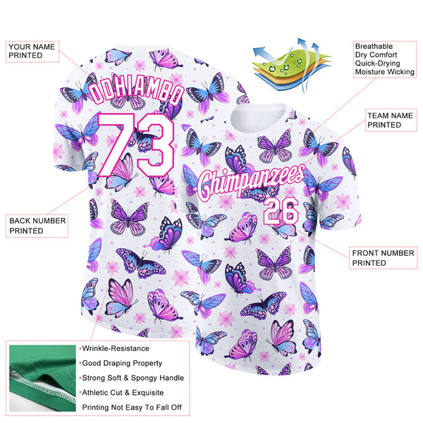 Custom White Pink 3D Pattern Design Butterfly Performance T-Shirt