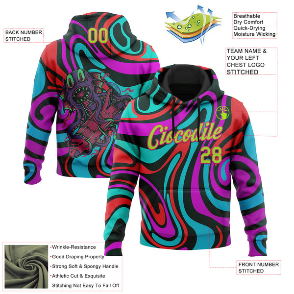 Custom Stitched Black Neon Green-Hot Pink 3D Halloween Fluid Sports Pullover Sweatshirt Hoodie