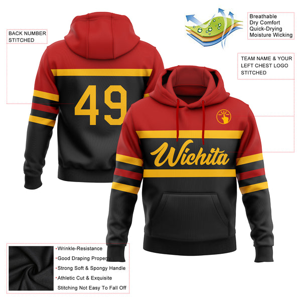 Custom Stitched Black Gold-Red Line Sports Pullover Sweatshirt Hoodie