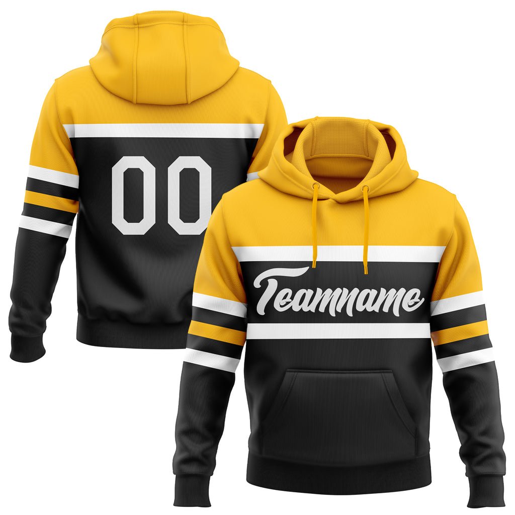 Custom Stitched Black White-Gold Line Sports Pullover Sweatshirt Hoodie