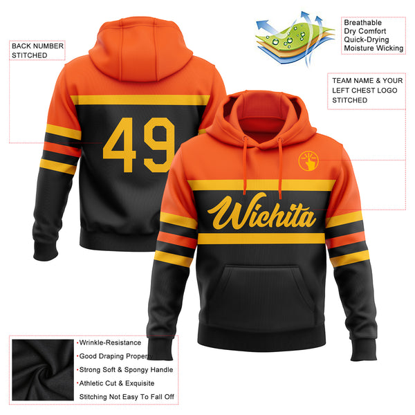 Custom Stitched Black Gold-Orange Line Sports Pullover Sweatshirt Hoodie