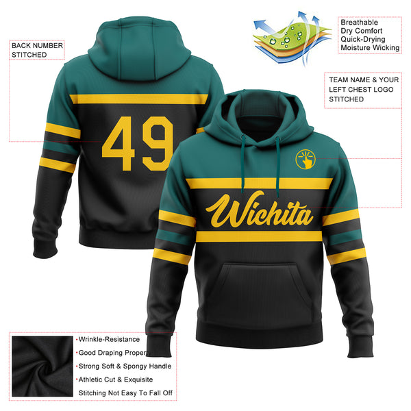 Custom Stitched Black Yellow-Teal Line Sports Pullover Sweatshirt Hoodie