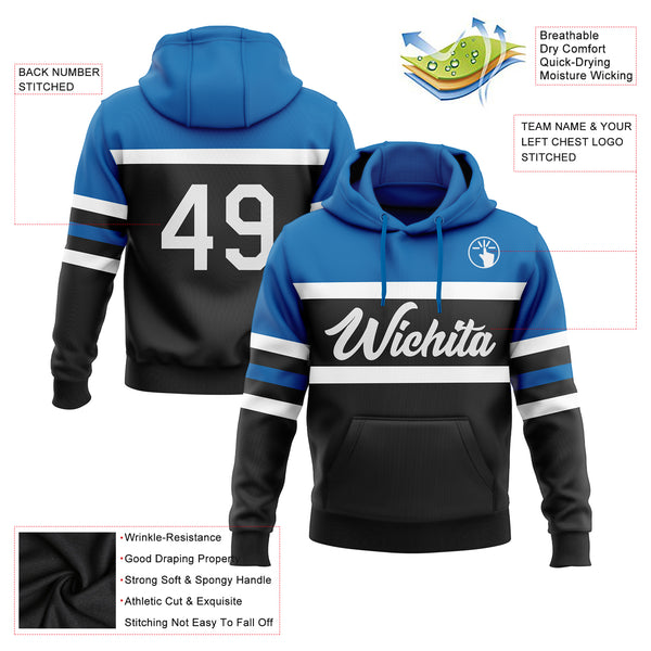 Custom Stitched Black White-Blue Line Sports Pullover Sweatshirt Hoodie