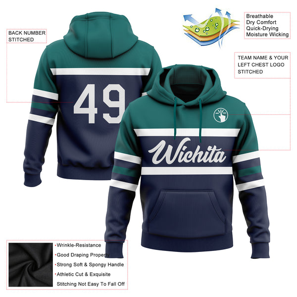 Custom Stitched Navy White-Teal Line Sports Pullover Sweatshirt Hoodie