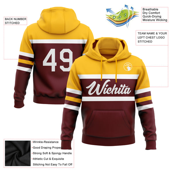 Custom Stitched Burgundy White-Gold Line Sports Pullover Sweatshirt Hoodie