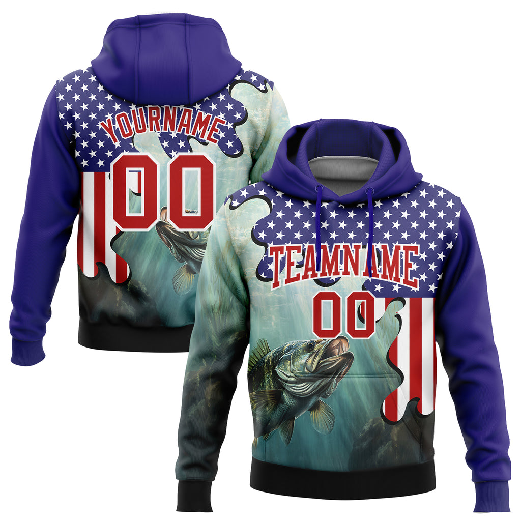 Custom Stitched Dark Purple Red-White 3D American Flag And Largemouth Bass Fish Fishing Sports Pullover Sweatshirt Hoodie