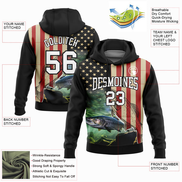 Custom Stitched Black City Cream-Red 3D American Flag And Atlantic Salmon Fish Fishing Sports Pullover Sweatshirt Hoodie