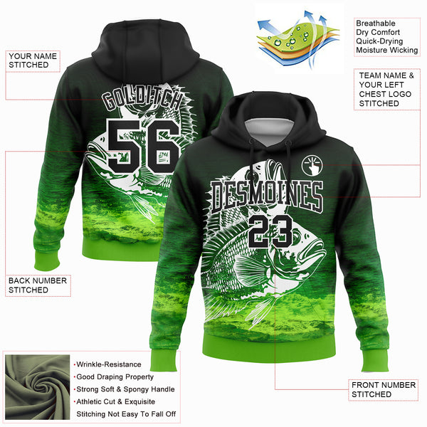 Custom Stitched Black Aurora Green-White 3D Bluegill Fish Fishing Sports Pullover Sweatshirt Hoodie