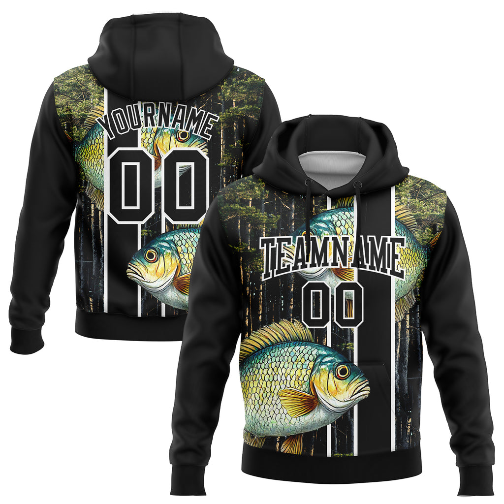 Custom Stitched Black White 3D Bluegill Fish Fishing Sports Pullover Sweatshirt Hoodie