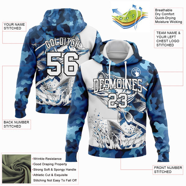 Custom Stitched Camo White-Black 3D Largemouth Bass Fish Fishing Sports Pullover Sweatshirt Hoodie