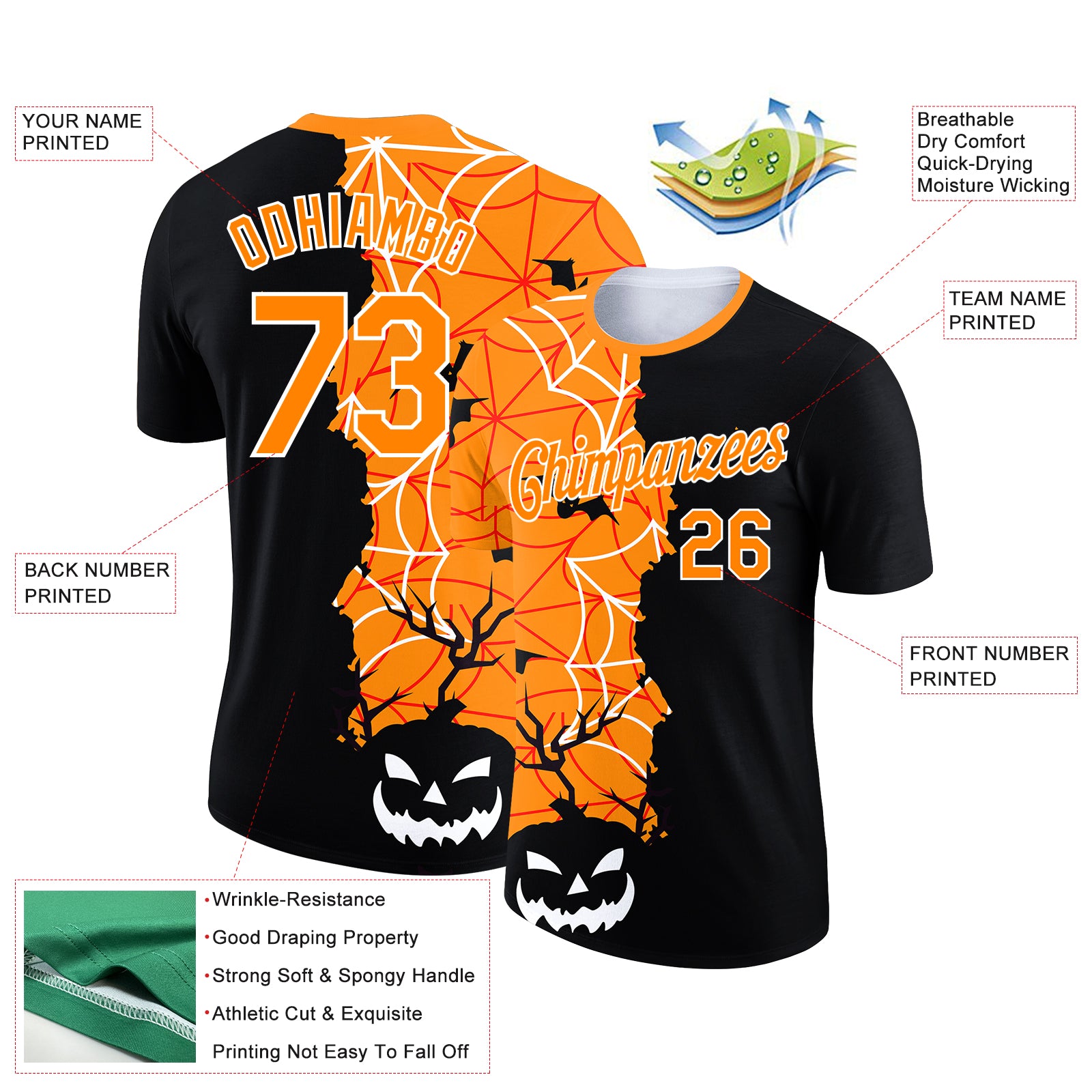 Custom Black Bay Orange-White 3D Halloween Performance T-Shirt