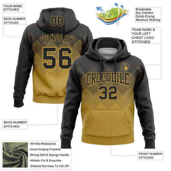 Custom Stitched Black Old Gold 3D Pattern Design Gradient Square Shape Sports Pullover Sweatshirt Hoodie