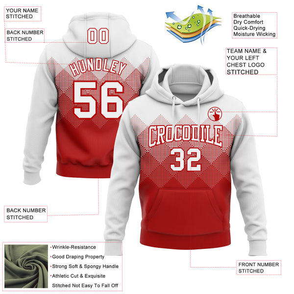 Custom Stitched White Red 3D Pattern Design Gradient Square Shape Sports Pullover Sweatshirt Hoodie