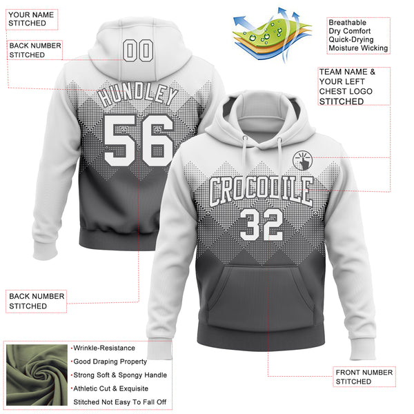 Custom Stitched White Steel Gray 3D Pattern Design Gradient Square Shape Sports Pullover Sweatshirt Hoodie