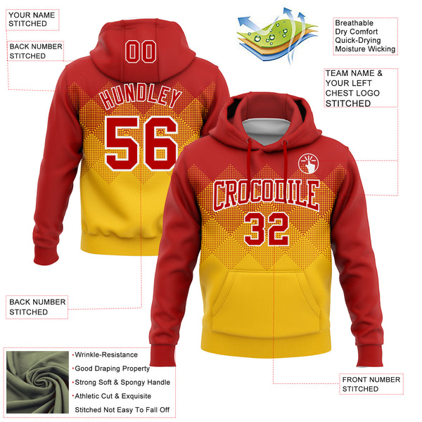 Custom Stitched Red Yellow-White 3D Pattern Design Gradient Square Shape Sports Pullover Sweatshirt Hoodie