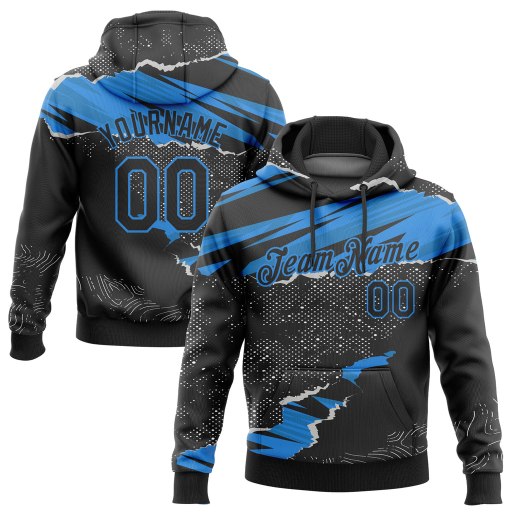 Custom Stitched Black Powder Blue 3D Pattern Design Torn Paper Style Sports Pullover Sweatshirt Hoodie