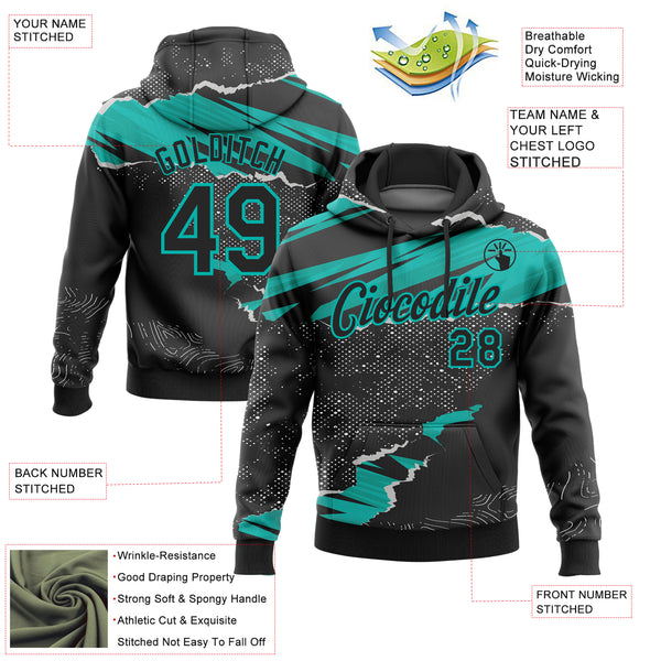 Custom Stitched Black Aqua 3D Pattern Design Torn Paper Style Sports Pullover Sweatshirt Hoodie