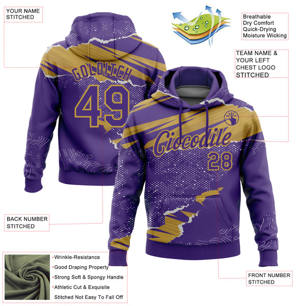 Custom Stitched Purple Old Gold 3D Pattern Design Torn Paper Style Sports Pullover Sweatshirt Hoodie