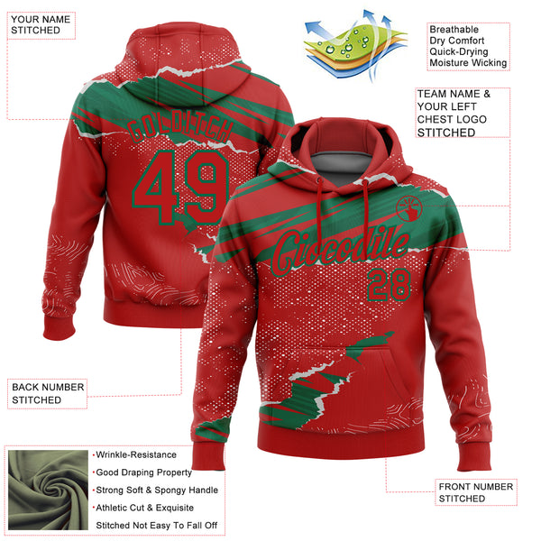 Custom Stitched Red Kelly Green 3D Pattern Design Torn Paper Style Sports Pullover Sweatshirt Hoodie