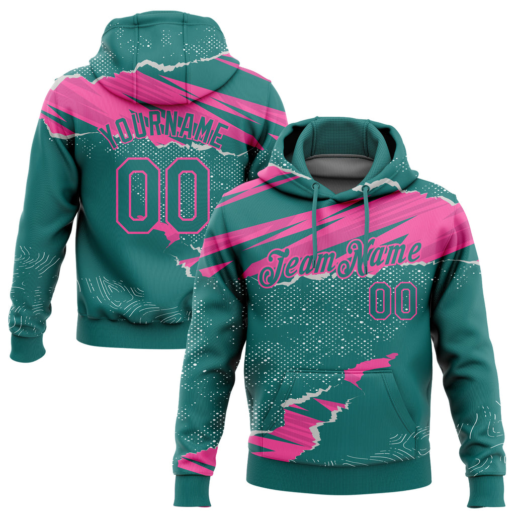 Custom Stitched Teal Pink 3D Pattern Design Torn Paper Style Sports Pullover Sweatshirt Hoodie