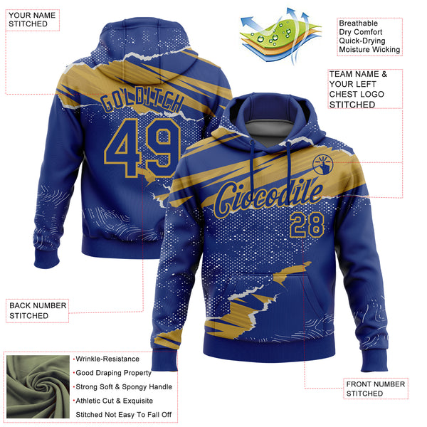 Custom Stitched Royal Old Gold 3D Pattern Design Torn Paper Style Sports Pullover Sweatshirt Hoodie