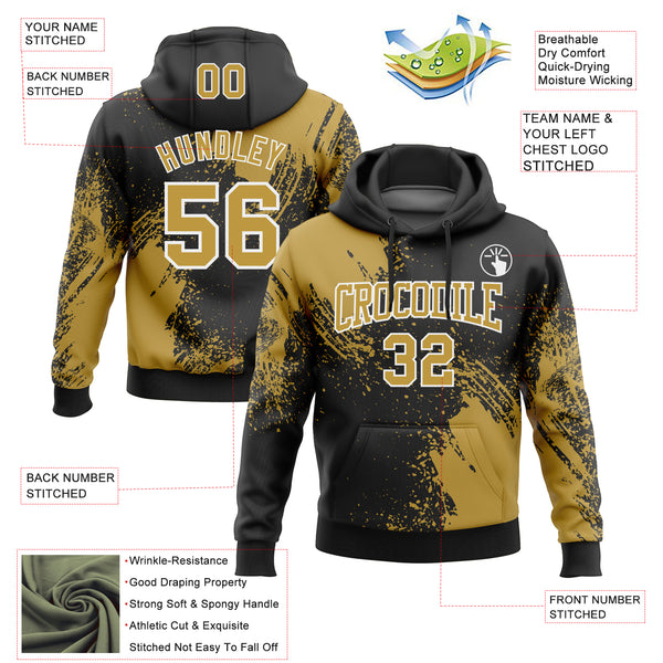 Custom Stitched Black Old Gold-White 3D Pattern Design Abstract Brush Stroke Sports Pullover Sweatshirt Hoodie