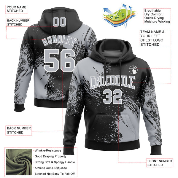 Custom Stitched Black Gray-White 3D Pattern Design Abstract Brush Stroke Sports Pullover Sweatshirt Hoodie