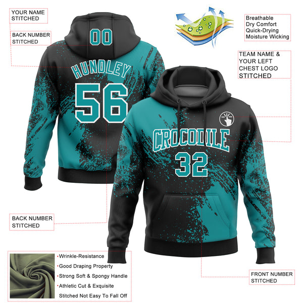 Custom Stitched Black Teal-White 3D Pattern Design Abstract Brush Stroke Sports Pullover Sweatshirt Hoodie