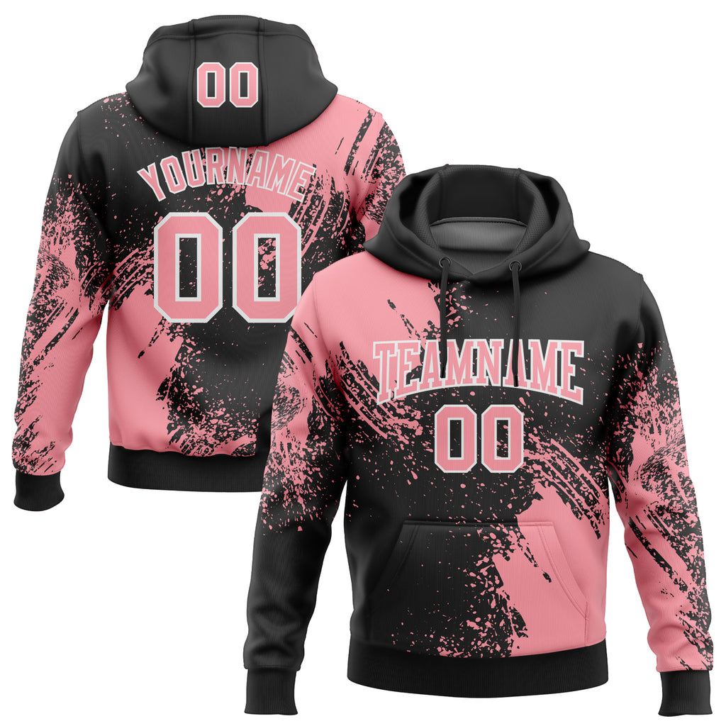 Custom Stitched Black Medium Pink-White 3D Pattern Design Abstract Brush Stroke Sports Pullover Sweatshirt Hoodie