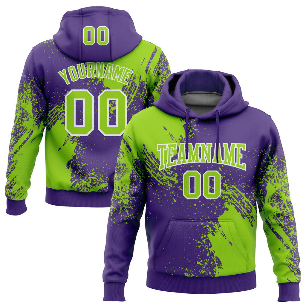 Custom Stitched Purple Neon Green-White 3D Pattern Design Abstract Brush Stroke Sports Pullover Sweatshirt Hoodie