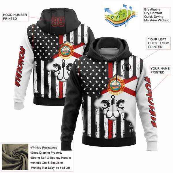 Custom Stitched Black Red-White 3D American Flag And Fish Hook Fishing Sports Pullover Sweatshirt Hoodie