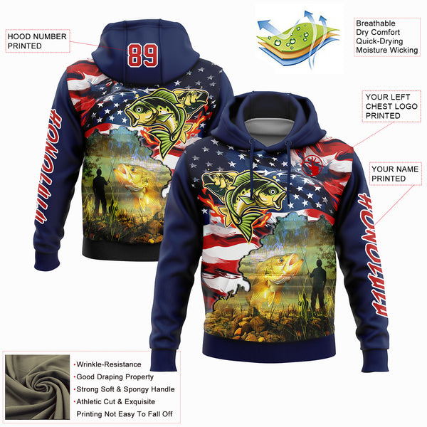 Custom Stitched Navy Red-White 3D American Flag And Smallmouth Bass Fish Fishing Sports Pullover Sweatshirt Hoodie