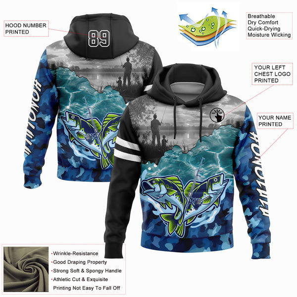 Custom Stitched Black Camo-White 3D Largemouth Bass Fish Fishing Sports Pullover Sweatshirt Hoodie