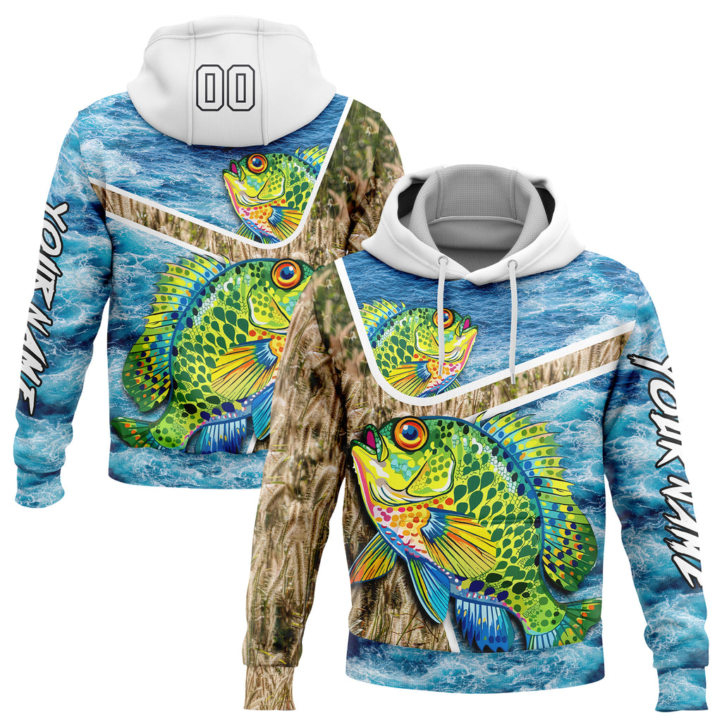 Custom Stitched Lakes Blue White Black 3D Sea Waves And Bluegill Fish Fishing Sports Pullover Sweatshirt Hoodie