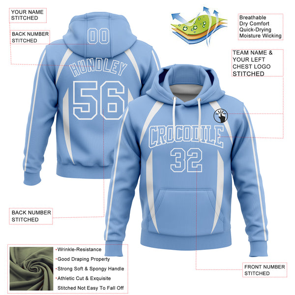 Custom Stitched Light Blue White 3D Pattern Design Contrast Color Stripe Sports Pullover Sweatshirt Hoodie