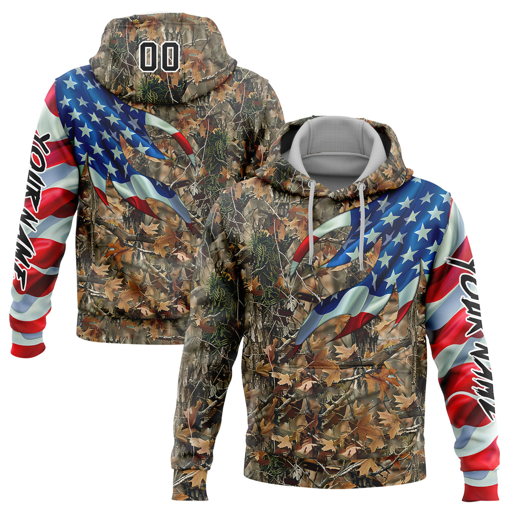 Custom Stitched Camo Black-White 3D American Flag Hunting Sports Pullover Sweatshirt Hoodie