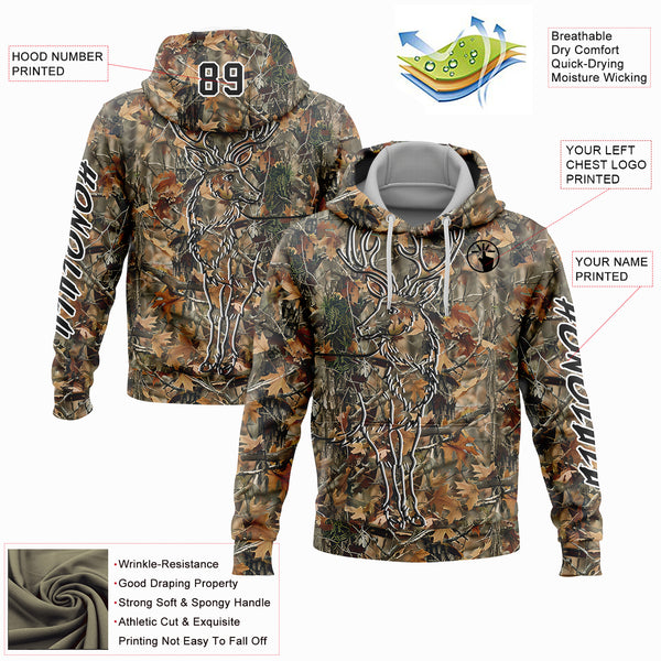 Custom Stitched Camo Black-White 3D Deer Hunting Sports Pullover Sweatshirt Hoodie