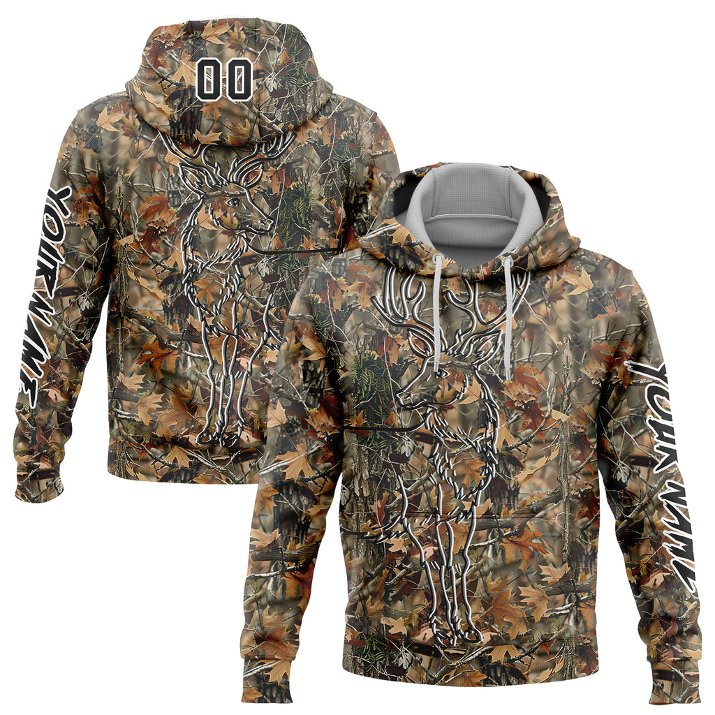 Custom Stitched Camo Black-White 3D Deer Hunting Sports Pullover Sweatshirt Hoodie