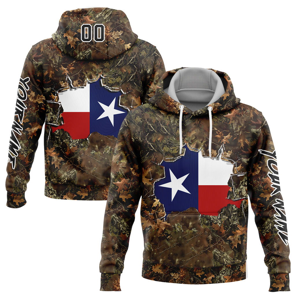 Custom Stitched Camo Black-White 3D Texas Flag And Hunting Sports Pullover Sweatshirt Hoodie