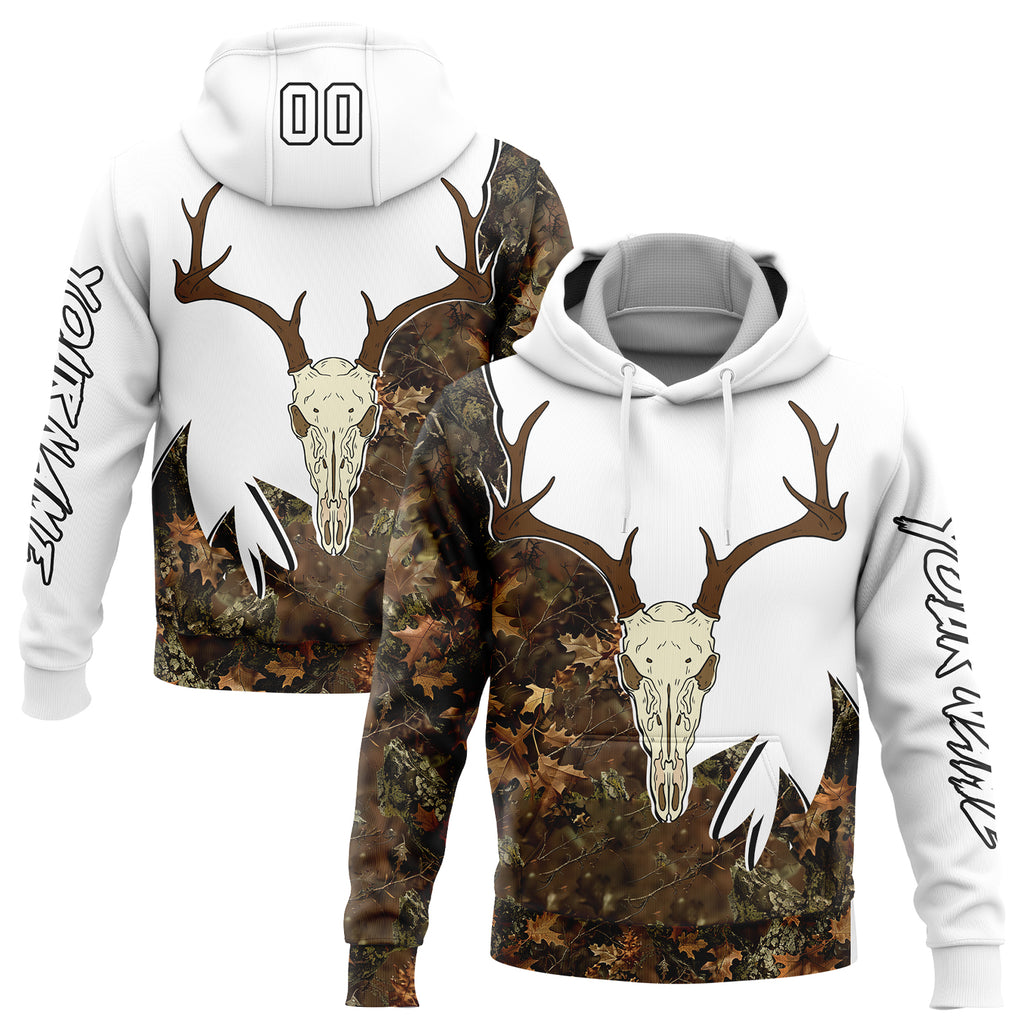 Custom Stitched White Black-Camo 3D Deer Skull Hunting Sports Pullover Sweatshirt Hoodie