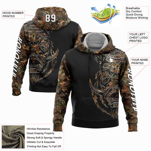 Custom Stitched Camo White-Black 3D Wild Boar Hunting Sports Pullover Sweatshirt Hoodie