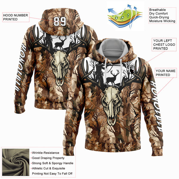 Custom Stitched Camo White-Black 3D Gun Hunter Deer Hunting Sports Pullover Sweatshirt Hoodie