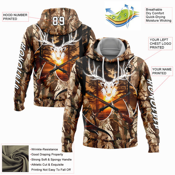 Custom Stitched Camo White-Black 3D Gun Deer Hunting Sports Pullover Sweatshirt Hoodie