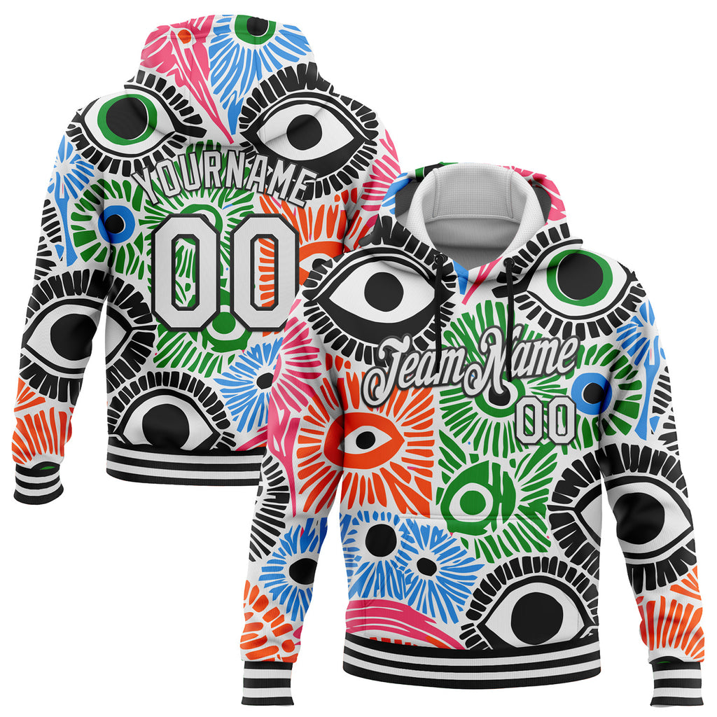 Custom Stitched White Black 3D Pattern Design Evil Eyes Sports Pullover Sweatshirt Hoodie